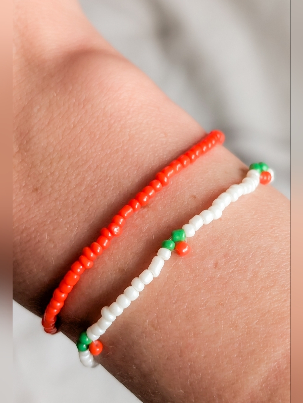 Handmade Beaded Bracelets in Red, White & Green